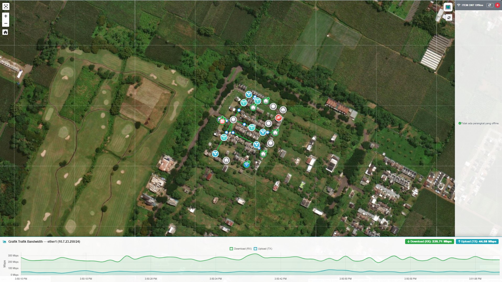 Peta satelit interaktif aplikasi GIS FTTH menampilkan sebaran ODP, ODC, OLT, dan ONT pelanggan